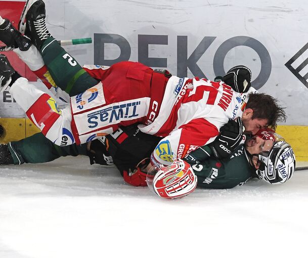 Etwas zu viel Nähe: Im Spiel zwischen Bietigheim und Crimmitschau gibt es auch hitzige Momente, wie hier zwischen Denis Shevyrin (oben) und Bietigheims Benedikt Jiranek.