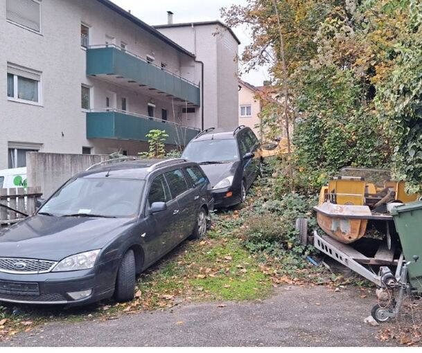 Blick auf das zugewucherte Grundstück. Hier sind alte Autos und Tretboote abgestellt.