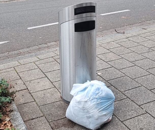 Öffentlicher Mülleimer samt Mülltüte in der Körnerstraße.