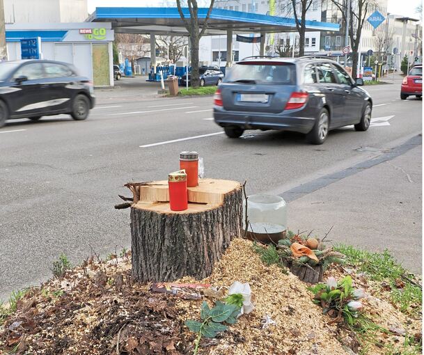Abgesägt: Der Baum an der Unfallstelle, wo am 20. März zwei junge Frauen als Folge eines Autorennens starben, ist nun gefallen. Im Hintergrund die Aral-Tankstelle, an der ihr Kleinwagen erfasst wurde.
