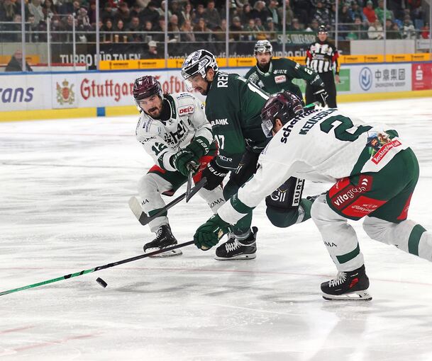 Zwei gegen einen: Steelers-Stürmer Marek Racuk kämpft gegen die Rosenheimer C.J. Stretch (links) und Joel Keussen um den Puck.