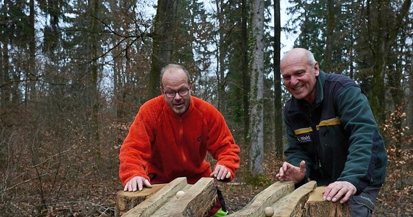 Förster Jürgen Weis (rechts) und Waldarbeiter Christian Ruge testen, welche Kugel schneller am Ziel sein wird.