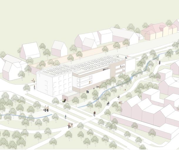 Das geplante Pflegeheim am Mühlbach, vom Südwesten her gesehen. Auf der anderen Seite des Gebäudes finden sich deutlich mehr Fenster.