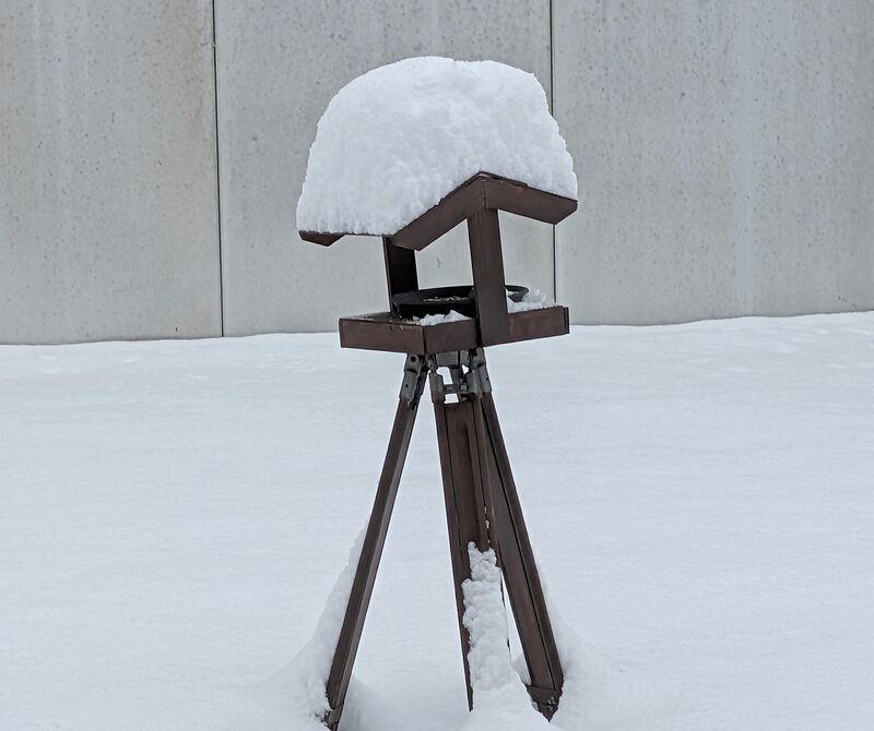 Schneehäubchen am Vogelhaus.