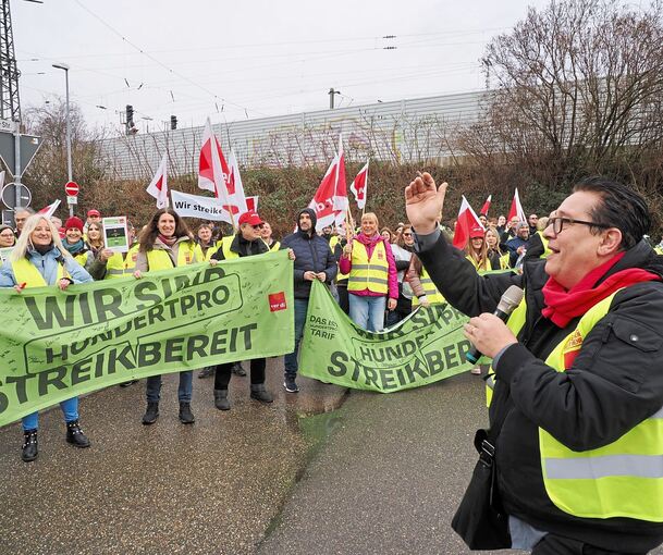 Mit Fahnen und Transparenten ausgestattet, machen die AOK-Beschäftigten in Ludwigsburg auf sich aufmerksam.