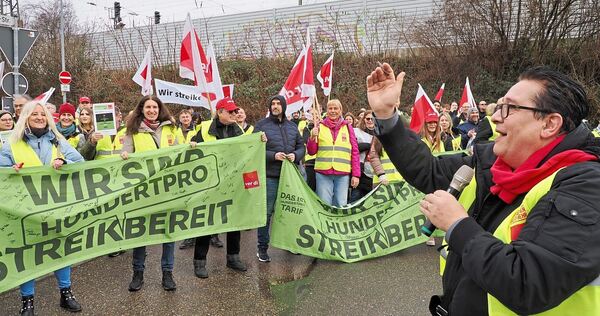 Mit Fahnen und Transparenten ausgestattet, machen die AOK-Beschäftigten in Ludwigsburg auf sich aufmerksam.