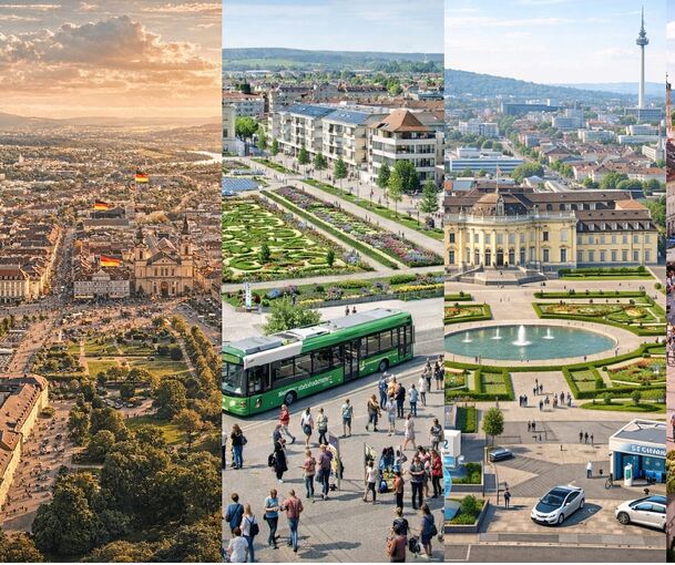 Deutschlandfahnen, ÖPNV, E-Fuels: Die KI erzeugt entlang der Parteiprogramme verschiedene Zukunftsszenarien von Ludwigsburg.