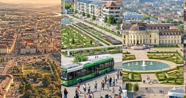 Deutschlandfahnen, ÖPNV, E-Fuels: Die KI erzeugt entlang der Parteiprogramme verschiedene Zukunftsszenarien von Ludwigsburg.