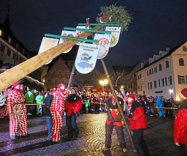 „Hauruck“: Der Narrenbaum wird mit vereinten Kräften aufgerichtet.