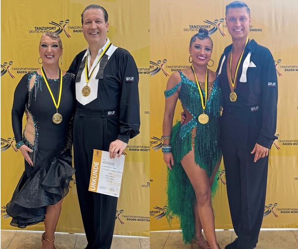 Erfolgreiches Quartett: Andrea und Frank Pfersich holen fast zeitgleich den Titel im Lateintanz mit Vanessa Sirnsak und Sohn Julian (von links)