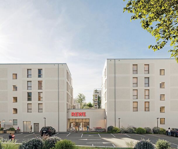 Im ersten Quartier, das die Pflugfelder Immobilien GmbH aufsiedelt, wird auch ein Rewe-Markt integriert.