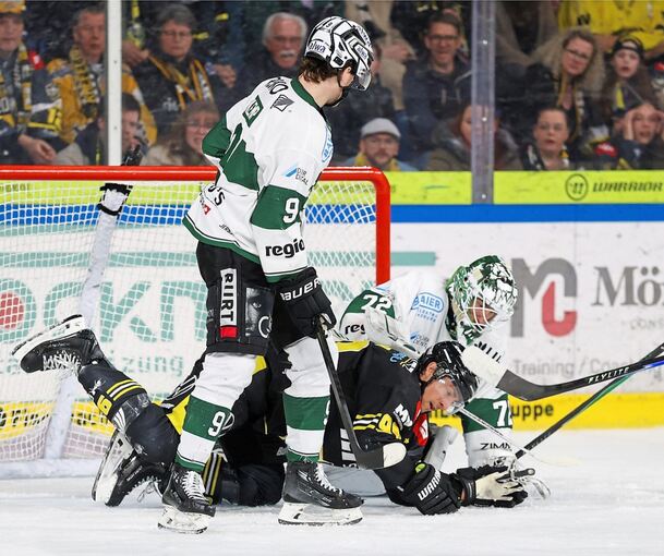 Steelers-Torhüter Florian Mnich stoppt Krefelds Adam Payerl, Vorne beobachtet Stürmer Brett Kemp die Szene.