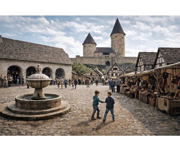 Eine Inspiration für Marktplatz mit Markthalle mit Blick auf die Burg für den Mittelalterpark „Erlebniswelt Markstein“ als KI-Illustration.