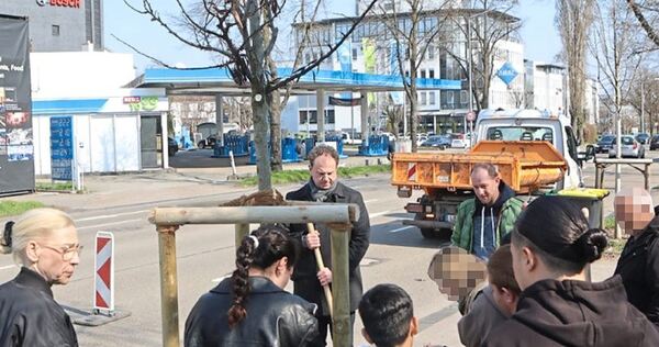 Pflanzung des Erguvanbaums im engsten Familienkreis mit OB Matthias Knecht (hinten) und Ulrike Schmidtgen (links): Die Hoffnung ist groß, dass der neue Baum schon in diesem Frühjahr in Purpur blühen wird.