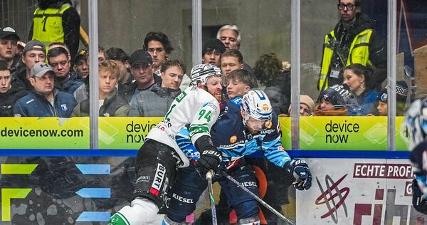 Voller Körpereinsatz: Der Bietigheimer Doppeltorschütze Tyler McNeely (links) checkt Ravensburgs Philipp Mass an der Bande.