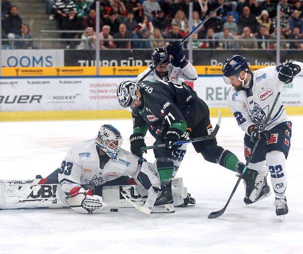 Steelers-Stürmer Bastian Eckl beschäftigt hier gleich drei Spieler der Kassel Huskies (von links): Torhüter Philipp Maurer, Tim Bender und Marco Müller.