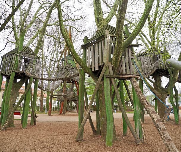 Wer sich traut, auf dem Klettergerüst in Oßweil bis ganz nach oben zu steigen, blickt auf einen Ort voller Abenteuer.