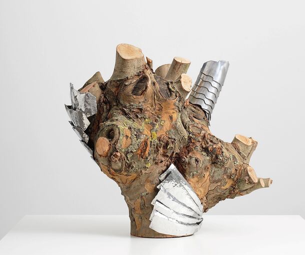 Zentrales Werk der Schau am Schlossplatz: Einem teilgepanzerten Herzen gleicht die bildhauerische Arbeit „Protected but Penetrable“, die der dänische Künstler Rasmus Myrup aus dem Stumpf einer Platane und hammergeformtem Aluminium montiert hat.