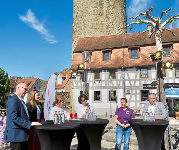Auf dem Podium (von links): Konrad Rühl vom Landwirtschaftsministerium, Weinhoheit Anna Joos, die Moderatorinnen Ulrike Trampus und Carola Pigisch. Weinerlebnisführerin Katrin Held und Weinbauverbands-Präsident Dietrich Rembold.