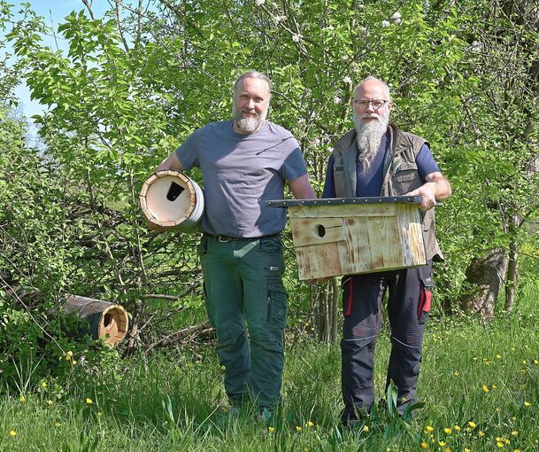 Wolfgang Leibbrand (links) und Andreas Ruoff bringen auf ihren Grundstücken Nisthilfen aus und hoffen, dass der Wiedehopf dort brüten wird.