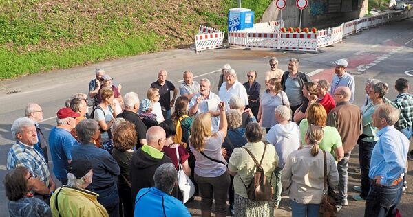 Beim Eglosheimer Stadtteilrundgang erfahren die rund 50 Teilnehmer am eigenen Leib: Gemütlich schlendern sollte man über die Ampel an der B27 besser nicht.