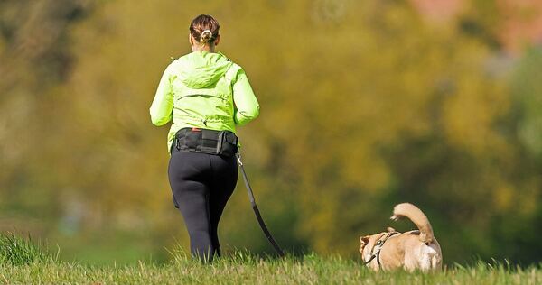 Eine Joggerin ist mit ihrem Hund unterwegs. Eine Joggerin ist mit ihrem Hund unterwegs.