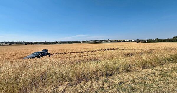 Nach einem Unfall landet ein PKW auf einem Feld.