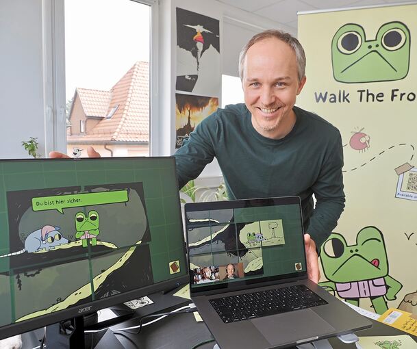 Spieleentwickler Fabian Baldszun zeigt Szenen aus „Walk the frog“