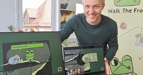 Spieleentwickler Fabian Baldszun zeigt Szenen aus „Walk the frog“