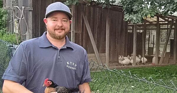 Der Vorsitzende des Oßweiler Kleintierzuchtvereins, Moritz Höllwart, hält eines seiner Altenglischen Zwergkämpfer in der Hand. Der Vorsitzende des Oßweiler Kleintierzuchtvereins, Moritz Höllwart, hält eines seiner Altenglischen Zwergkämpfer in der Hand.