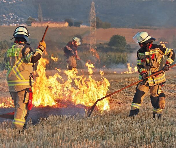 Die Feuerwehrleute setzen Feuerpatschen ein. Die Feuerwehrleute setzen Feuerpatschen ein.