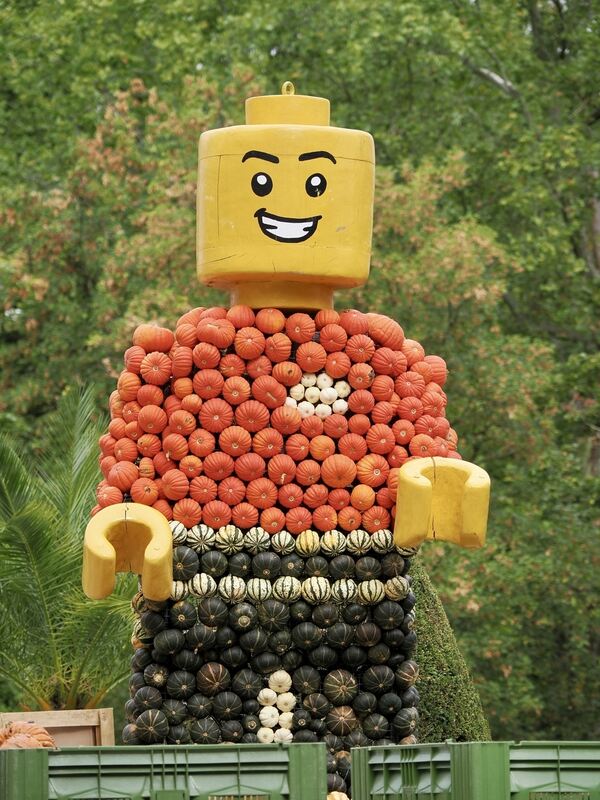 Das Legomännchen hat sich einen Platz in der Kürbisausstellung gesichert.