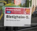 Unter anderem für die S-Bahn gibt es einen Ersatzbus zwischen Ludwigsburg und Bietigheim, der dort aber relativ weit entfernt vo Unter anderem für die S-Bahn gibt es einen Ersatzbus zwischen Ludwigsburg und Bietigheim, der dort aber relativ weit entfernt vom ZOB hält, um den regulären Linienbetrieb nicht zu behindern.
