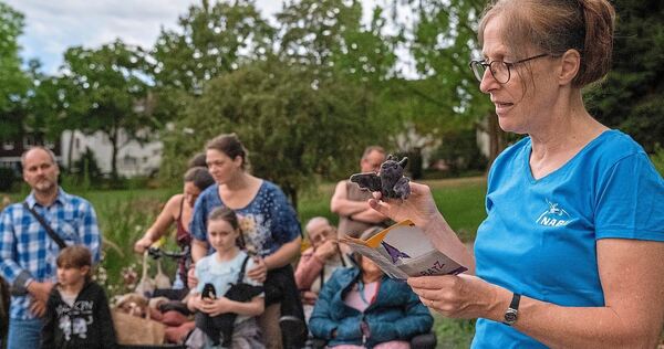 Mit Flausi, der Stofffledermaus, in der Hand berichtet Veronica Kuntze Erstaunliches über die scheuen Bewohner des Alten Stadtgartens.