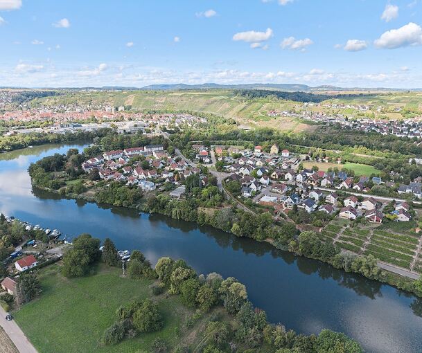 Der Neusatz, vom linken Neckarufer aus gesehen: Die Siedlung hat etwas Inselhaftes.