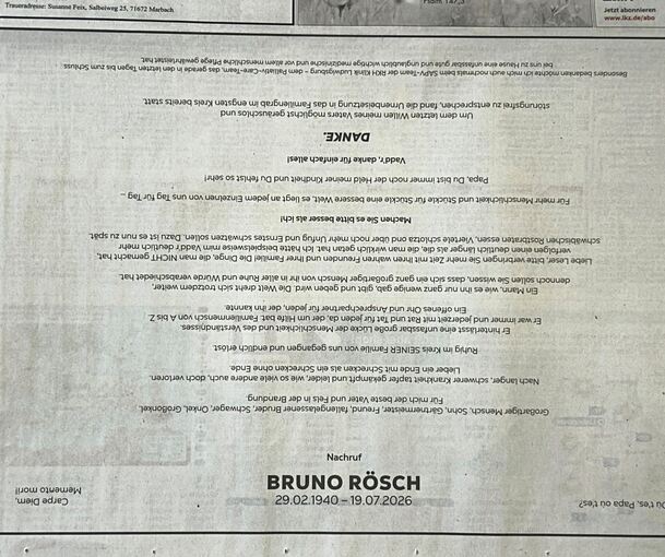 Das hat Seltenheitswert: die Todesanzeige für Bruno Rösch, die über eine halbe Seite geht.
