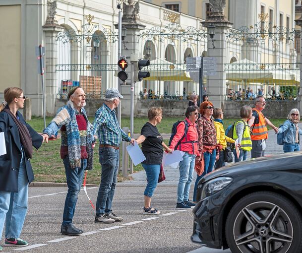 Die Menschenkette führt auch über die B27, was bei einigen Autofahrern für Unverständnis sorgt.