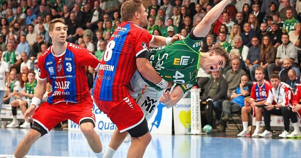 Mit aller Macht gestoppt: Die Bietigheimer Nikola Vlahovic (links) und Fabian Wiederstein stellen sich Göppingens Elias Newel in den Weg.