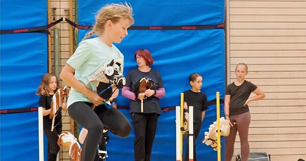 Neben der Dressur wird Springreiten beim Hobby Horsing imitiert.