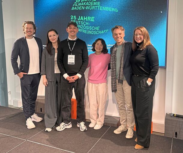 Benjamin Munz (Wiedemann & Berg, von links), Verena Schilling (Amazon MGM Studios Germany), Akademie-Direktor Andreas Bareiß, Eun-Zi Kim (X-Verleih), Julius Windhorst (ZDF/Arte) und Morgane Dubief (Disney+).
