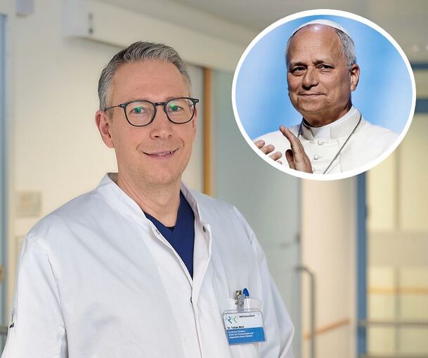 Lungenspezialist Tobias Merk, eingeklinkt Papst Leo: Am Klinikum Ludwigsburg behandelt der Ärztliche Direktor mit seinem Team jährlich 150 bis 180 neu diagnostizierte Krebsfälle.