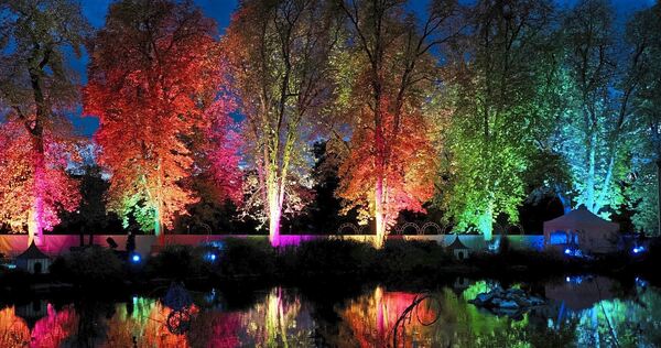 Die bunt beleuchteten Bäume spiegeln sich im See.