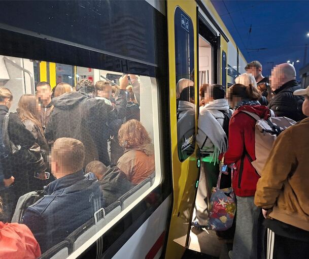 Großes Gedränge am Bahnsteig. Die Aufnahmen von Heike Wieck zeigen, wie voll es morgens im MEX Richtung Stuttgart werden kann.