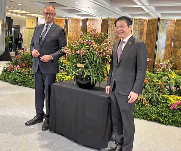 Wenn Singapur eine Orchideen-Sorte nach Personen benennt, ist das ein Zeichen besonderer Wertschätzung. Kanzler Friedrich Merz (vorn, li.) und Singapurs Premierminister Lawrence Wong mit der nach Merz benannten Orchidee.