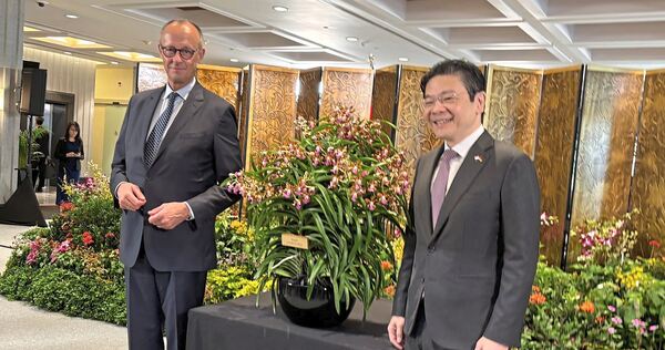 Wenn Singapur eine Orchideen-Sorte nach Personen benennt, ist das ein Zeichen besonderer Wertschätzung. Kanzler Friedrich Merz (vorn, li.) und Singapurs Premierminister Lawrence Wong mit der nach Merz benannten Orchidee.